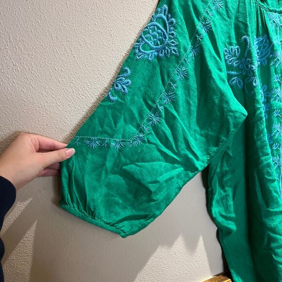J Jill Embroiderd Green Blouse Linen Blend Sz M Boho Artsy Peasant Casual - Picture 3 of 6